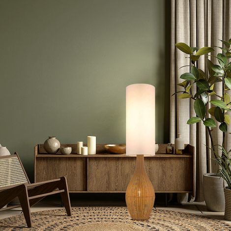 Lampadaire aspect rotin brun Boho Lampadaire textile Lampe de salon blanche Lampe d'appoint, plastique, 2x E27, DxH 27 x 125 cm