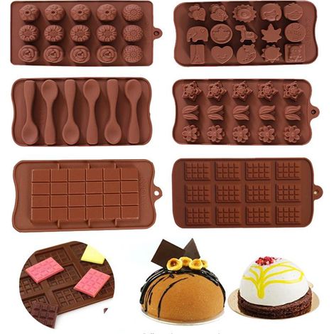 Moule en silicone 6 pièces pour bonbons et chocolats : moule flexible pour sucreries dures ou gommeuses, formes variées, idéal pour mini muffins, confiseries et tablettes - plateau brun, réutilisable (1/5)