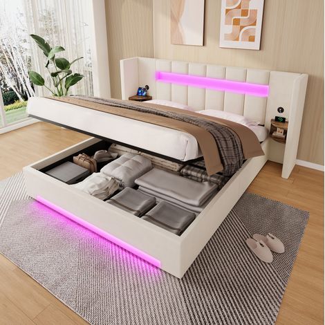 Cama matrimonio con almacenaje terciopelo beige 180x200 OKMYHOME (1/5)