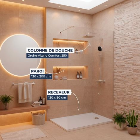 Dusch-Komplettset – Walk-In Duschwand 120x200 Chrom + Grohe Vitalio 2 Strahlarten + Gussmarmor-Duschwanne Weiß 120x80