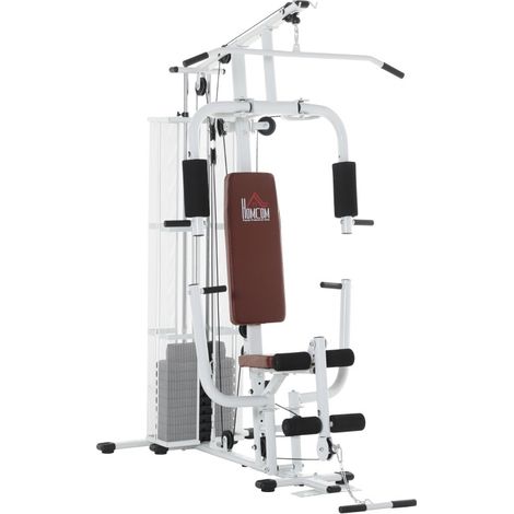Estación fitness multifunción de metal blanco con pesas, polea alta y leg curl 150 x 110 x 210 cm (1/5)