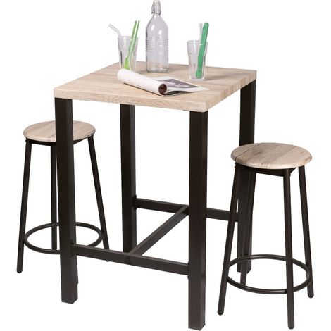 Quadratisches Bartisch-Set und 2 Hocker aus der DARYL-Kollektion – Struktur aus schwarzem Metall und Tischplatte aus MDF in Holzfarbe.