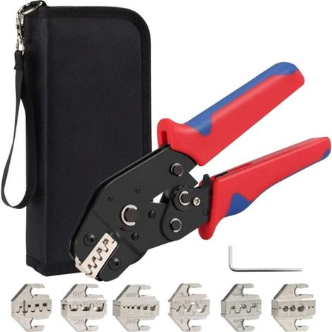 Kit d'outils de sertissage avec sac, pince à sertir à cliquet pour câbles avec 6 matrices interchangeables, plage de sertissage réglable, pince à sertir multifonction pour plusieurs types de cosses à (1/5)