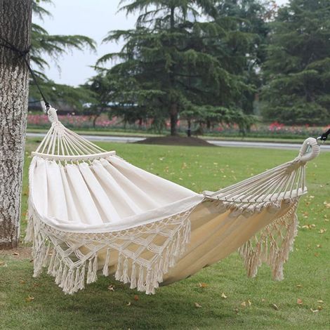 1 Hamac double couche, cordes coton lin, poteau bois anti-bascule, extérieur intérieur jardin plage (1/5)
