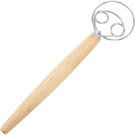 Fouet à pâte danois en acier inoxydable et manche en bois, robuste anti-rouille, fouet à pain style néerlandais avec raclette pour cuisine, 2 yeux et 1 raclette (1/5)