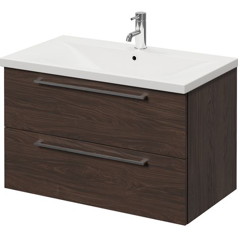 Napoli 460 Brown Oak 800mm Wall Mounted 2 Drawer Vanity Unit with Glide Basin - 800mm - Chrome 480mm Handle
