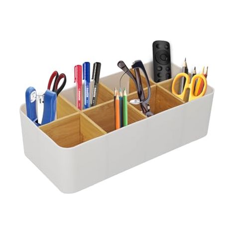 Organizador de escritorio de bambú blanco con 8 compartimentos, multifuncional para bolígrafos, mandos a distancia y accesorios de oficina. (1/5)