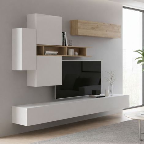 Dmora - Pared Equipada Telese, Composición de la sala de estar, Muebles de salón, Gabinete de TV, Made in Italy, 276x30 h210 cm, Blanco brillante y Roble (1/4)