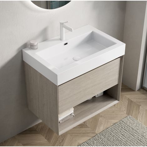 Mueble de baño con lavabo integrado (70x46x60 cm), con cajón y estante abierto, resina, blanco y roble claro (1/5)