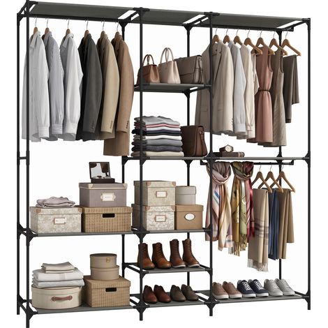 Armoire en tissu gain de place noire avec 3 barres pour cintres et 5 étagères structure en acier 182 x 43 x 182 cm (1/5)