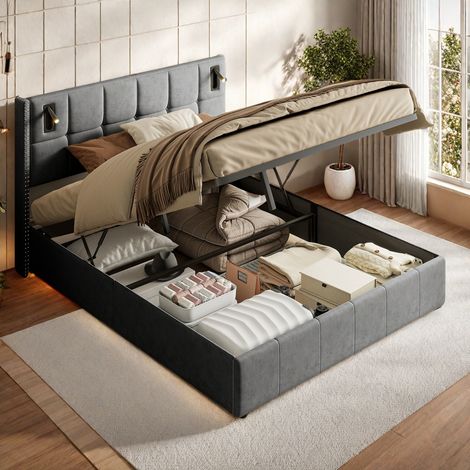 Letto imbottito moderno con contenitore, letto matrimoniale idraulico, con 2 luci di lettura su entrambi i lati della testiera, 160x200 cm, letto contenitore, tessuto in velluto, senza materasso (1/5)