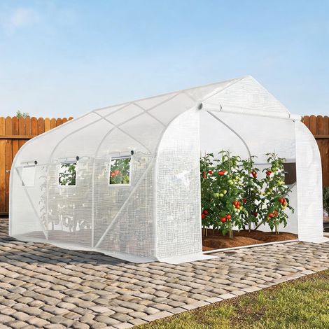 Serre de jardin coloris blanc en métal PE 445 x 300 x 205 cm (1/5)