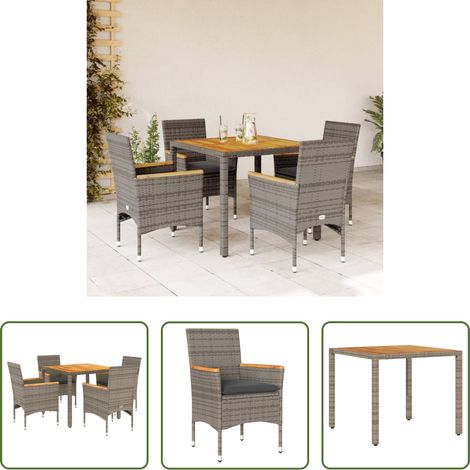Gartentisch - 5-tlg. Garten-Essgruppe mit Kissen Grau Poly Rattan Akazie (1/5)
