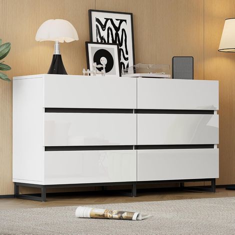 Commode avec 6 tiroirs, 140x39.5x78.5 cm Buffet de Salon, Armoire à 3 Pieds en métal, Armoire D'appoint avec Une Excellente capacité de Charge, Blanc+Noir