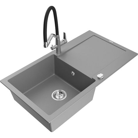 Mexen Leo évier en granit 1 bac avec égouttoir et robinet cuisine Duo, gris - 6501-71-671701-07 (1/5)