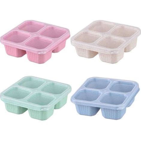 Cet ensemble de 4 boîtes alimentaires à quatre compartiments en blé est doté d'un couvercle transparent et peut être utilisé comme boîte à lunch, boîte à bonbons ou boîte de voyage.