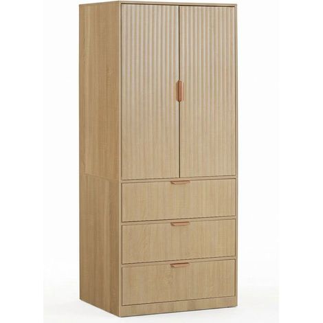 Wevalley Armoire Penderie 2 Portes 3 Tiroirs avec Miroir - Finition Chêne Ondulé - Meuble de Rangement Chambre - 80x48x180 cm (1/5)