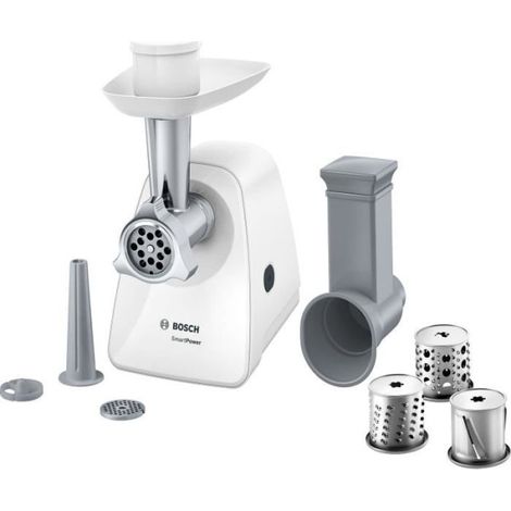 Hachoir Electrique a viande - BOSCH - MFW2514W SmartPower - Blanc - moteur bloqué 1500 W - 1,7 kg/mn - 2 grilles de hachoir - râpeur/émi (1/5)