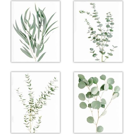 Lot de 4 grandes toiles murales à motif de plantes,20x25cm (Sans cadre) Cadre de salle de bain Décoration murale bohème Esthétique minimaliste Pour chambre à coucher, bureau Feuilles d'eucaly (1/5)