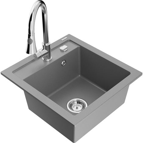 Mexen Vito fregadero de granito de 1 compartimento con grifo de cocina Elia, gris - 6503-71-670101-00 (1/5)