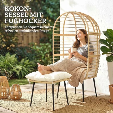 Gartenstuhl mit Fußstütze, Korbstuhl aus Polyethylen-Rattan, eiförmig, mit langen und dicken Kissen, Metallgestell, beige Farbe. (1/5)