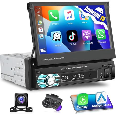 Autoradio 1DIN, écran Tactile HD escamotable 7'', Bluetooth, Mirror Link/Commandes au Volant/Audio FM stéréo + Caméra de recul AHD (1/5)
