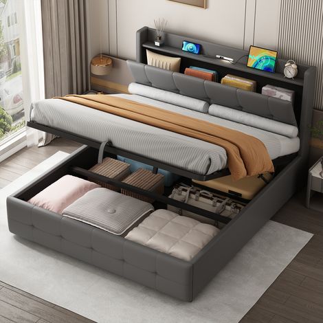 4ft6 Double Upholstered Bed Frame with Hydraulic Storage, PU Leather Ottoman Bed with Concealed Headboard Storage, Double Bed with Charging Station and LED Night Light, Grey (1/5)