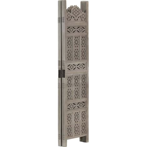 Paravent 4 panneaux cloison de séparation pliable bois de manguier sculpté gris 160 x 165 cm (1/5)