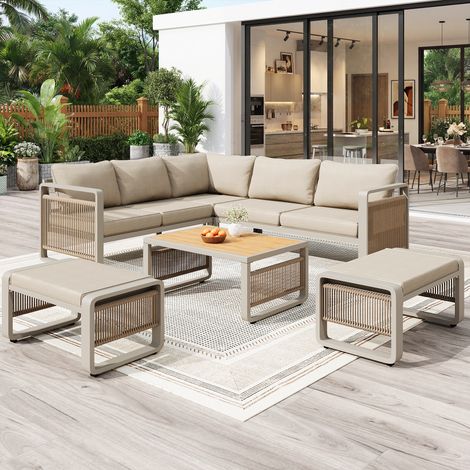 7-Personen-Gartenmöbelset, geflochtenes Seilsofa, wetterfest, verstellbare Beine, Beige