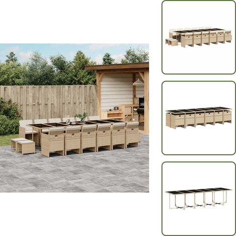 The Living Store 17-tlg. Garten-Essgruppe mit Kissen Beige Poly Rattan - Gartengruppe - Gartenmöbel Set - Esstisch - Gartenstühle - Gartenhocker