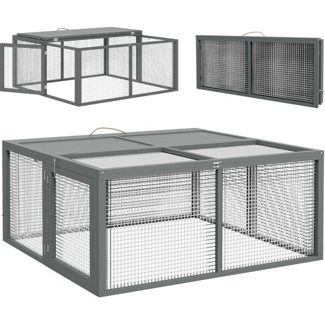 Kaninchenstall, faltbarer Kaninchenkäfig mit Griff und Klappdeckel, für 2–3 Kaninchen oder Meerschweinchen, 110 x 105 x 50 cm, grau