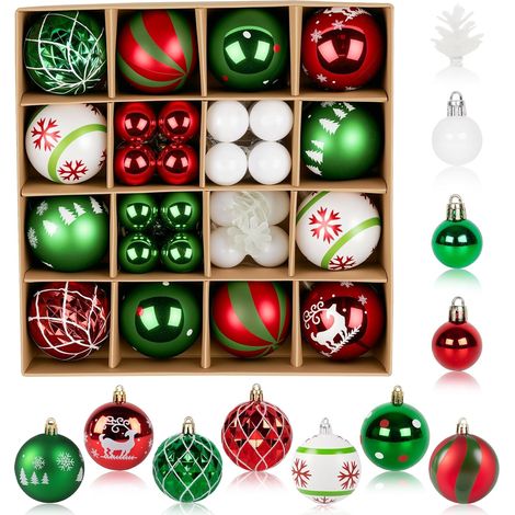 40 adornos navideños de 6/3 cm en rojo, verde y blanco + 2 piñas, 10 estilos, plástico irrompible. (1/4)