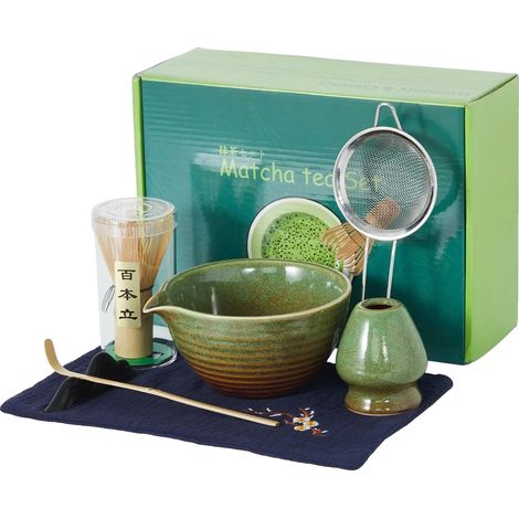 Set da tè matcha, ciotola in ceramica, frusta in legno, verde (1/2)