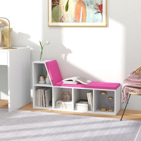 Banquette-bibliothèque 2 en 1 avec 5 compartiments de rangement et 2 coussins, 108 x 30 x 60 cm, blanc et rose. (1/5)