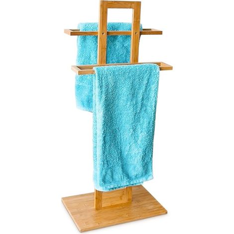 Porte-serviettes sur pied en bambou – 2 barres – Dimensions H 85 x L 37 x P 25 cm – Résistant à l'humidité – Montage sans perage (1/5)