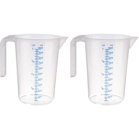 Verre doseur 1 litre - Diamètre 12 x H 16,5 cm - Verre en plastique avec échelle de mesure en relief à l'extérieur - Poignée fermée - Division L/ml - Passe au lave-vaisselle Lot de 2