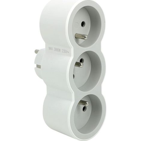 Fiche Multiprise Triplite - 3 Prises Frontales avec Terre - Positionnement Horizontal - Sécurité Enfant Intégrée - Blanc et Gris Clair (1/3)