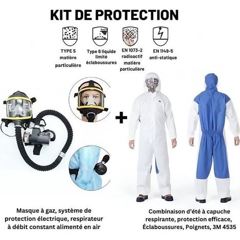 Kit de protection : Masque à gaz intégral de protection électrique, respirateur à débit constant + Combinaison d'Été à Capuche prote