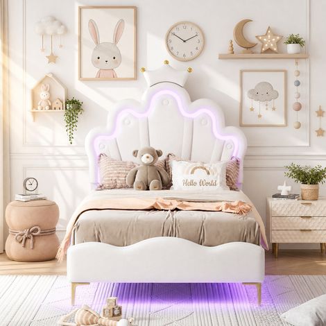 Lit enfant 90x200 cm en PU blanc, lit princesse rembourré avec tête de lit couronne LED et sommier à lattes, chambre fille moderne et cosy