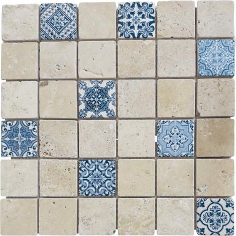 Mosaico in Travertino - ALBEDO PIERRE - Motivi Blu - 30,5x30,5 cm - Pietra Naturale - Decorativo