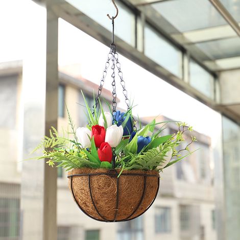 Panier Suspendu En Fibre De Coco - Fleurs Artificielles Tulipes Rouge Blanc Bleu - Décoration Intérieure Et Extérieure - 40 x 30 cm - 1 Pièce (1/5)