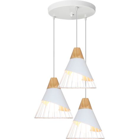 3 Lights Pendant Light Metal Wood Ceiling Light Shade Modern White Hanging Lamp (1/4)