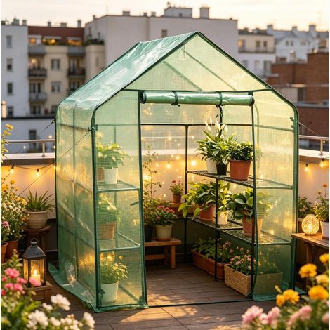 Serra da giardino in PE con cerniera 143 x 143 x 195 cm verde OKWISH (1/5)