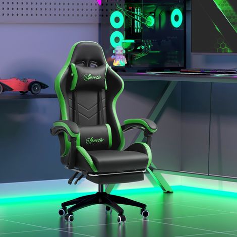 Ergonomischer Gaming-Stuhl aus PU-Leder und Stahl mit Kopfstütze und Höhenverstellung, verstellbarer Rückenlehne und Lendenkissen, 65 x 65 x 121–129 cm, Schwarz und Grün
