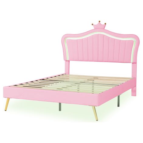 Lit fille 140x200cm simili cuir rose couronne LED sommier bois
