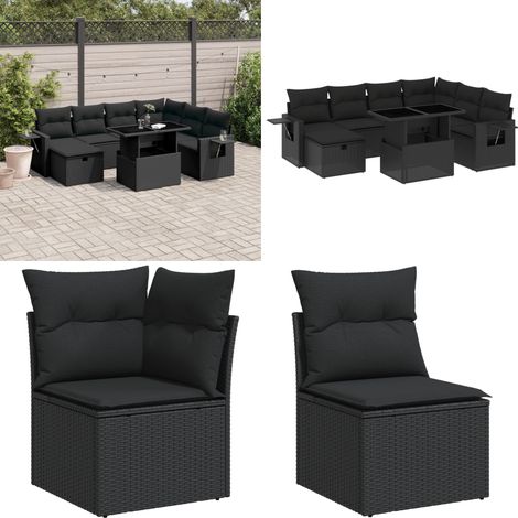 Salon de jardin 8 pcs avec coussins noir résine tressée - Ensemble Salon De Jardin - Mobilier De Jardin - Table Extensible - Chaise Pliante - Fauteuil Extérieur - Home & Living (1/5)