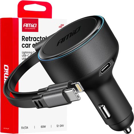 Chargeur de voiture avec câble rétractable type C + Lightning iPhone + USB-C 12V 24V 60W amio-04370 (1/5)