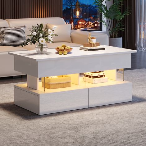 Tavolino da salotto sollevabile 100x50x46 cm bianco con LED, 2 cassetti, MDF e acrilico MEUBLIV (1/5)