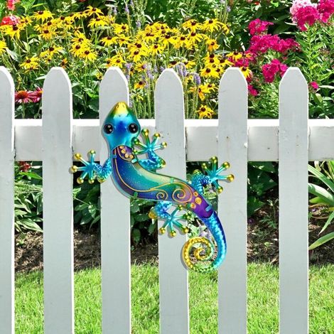 1 Pièces 38.5 cm décorations murales Gecko en métal avec tête tremblante Lézard en métal Décoration de jardin pour intérieur & extérieur Salon Chambre Cour Clôture Jardin (Bleu) (1/5)