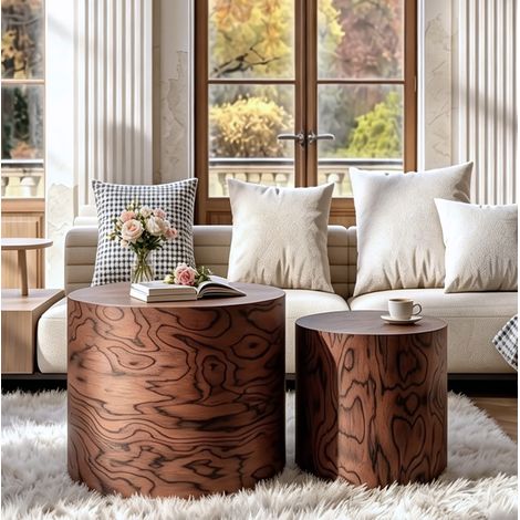 Tavolino da caffè rotondo a incastro 2 pezzi Ø48 x H38 cm, per soggiorno e camera da letto, legno e MDF marrone scuro (1/5)